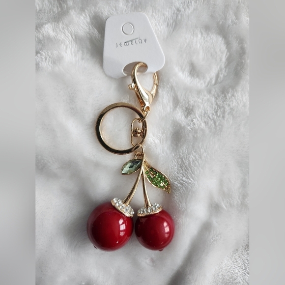 Fashion Jewelry Accessories - Cherry Keychain with Red and Gold Accents Bag Charm